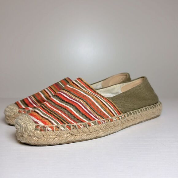 SAM EDELMAN Espadrille Flats Khaki Green Orange Raffia & Rubber Soles Size 5.5 - Picture 1 of 11